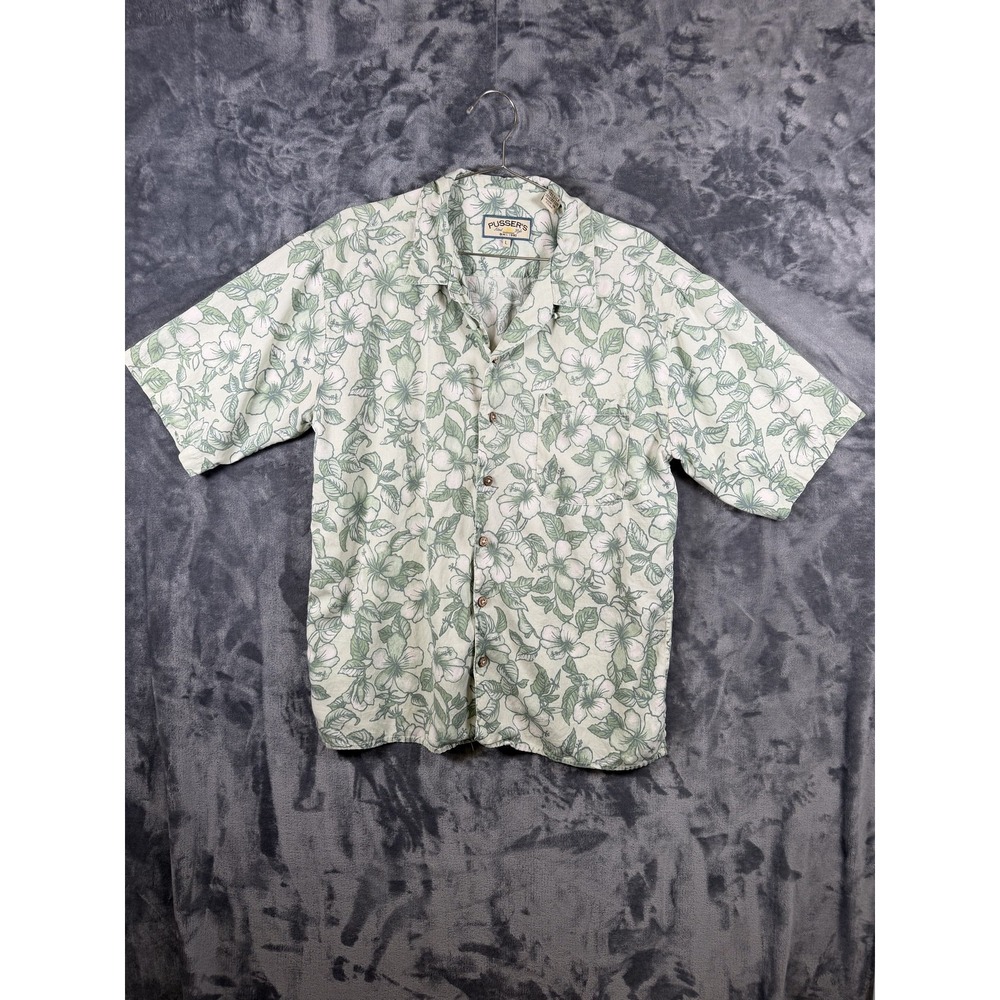 PUSSER'S Shirt Mens L Green Floral Hawaiian Short Sleeve Button-Up Tropical